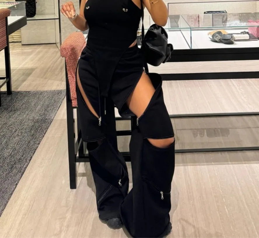 Basic Zipper Adjust Hole Women Wide Leg Loose Joggers Pants Fall Winter Active Loose Sporty Sweatpants
