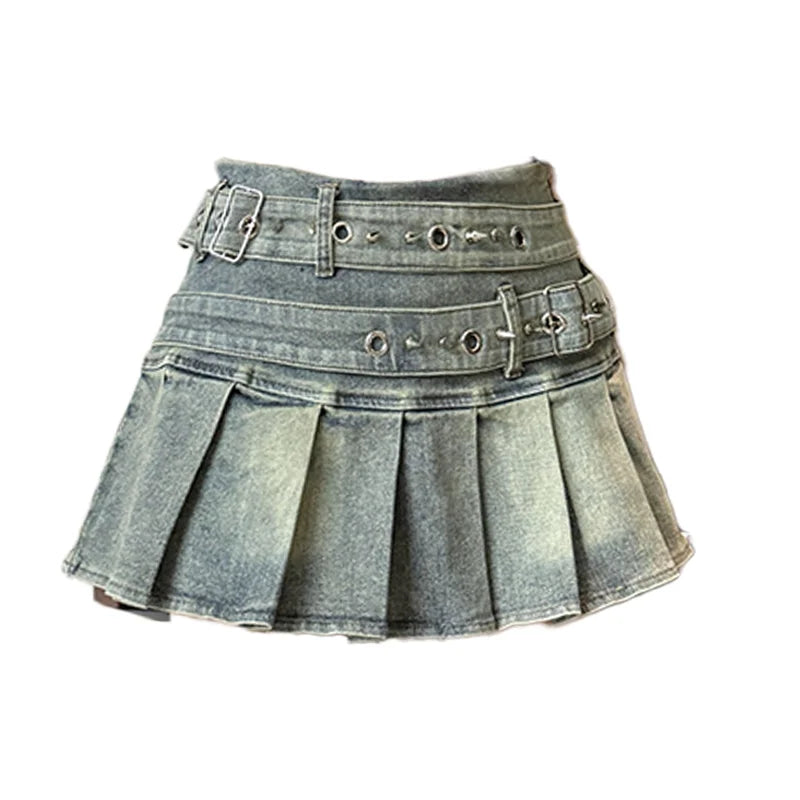 Women's Blue Black Riveted Belt Denim Skirt Y2K Harajuku High Street Fashion 90s Sexy A-line Mini Skirt Summer Clothing 2025 New