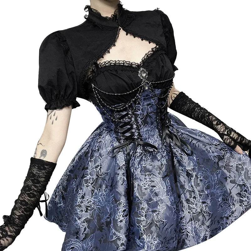 Vintage Gothic Smock Women Elegant Cute Lace Patchwork Puff Sleeve Crop Tops Aesthetic Fairy