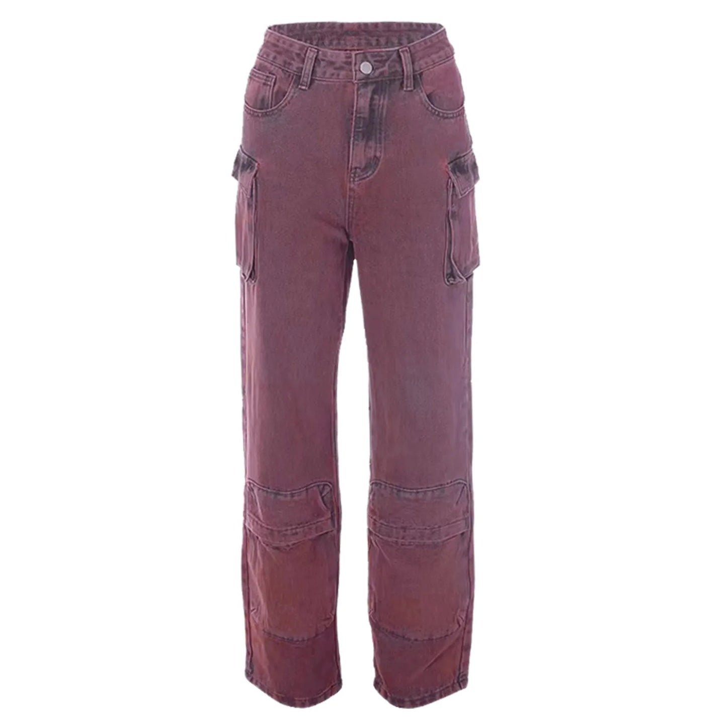 Women Streetwear Loose Straight Multi Pockets Denim Cargo Pants Wide Leg Jeans Baggy Brown / L / United States Red / S / United States