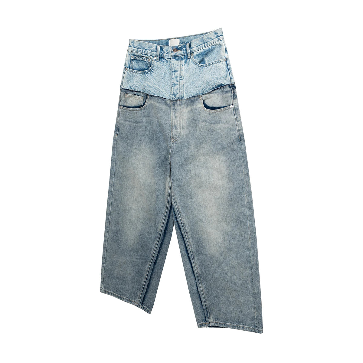 CUT-UP Double-layer Double Waist Patchwork Baggy Jeans for Men and Women Straight Casual Loose