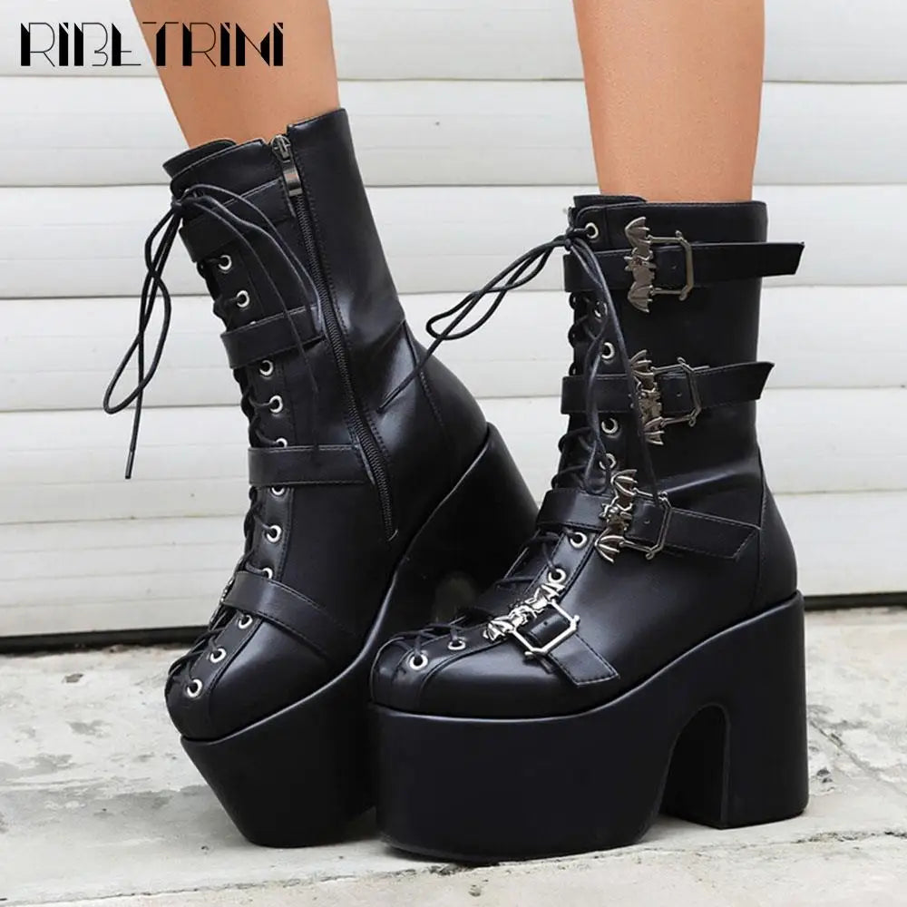 Goth Women Motorcycle Boots Block High Heels Platform Cool Street Boots