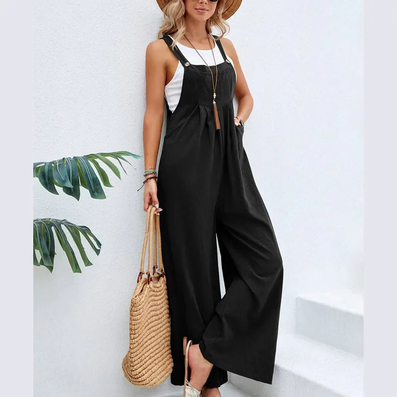 Women's jumpsuit with wide legs, long pants, high waist, casual pocket, street wear