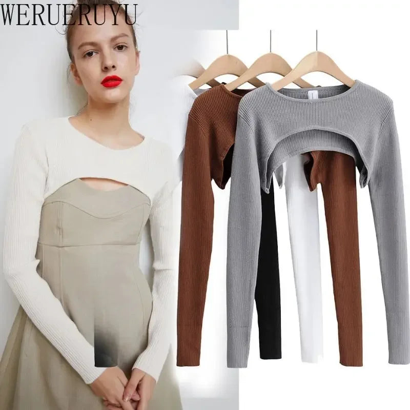 Women Long Sleeve Crop Top Y2k Aesthetic Clothes O-neck