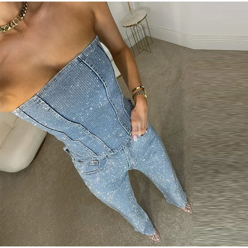 Diamond Vest Jeans Set For Women Sleveless Tube Tops High Waist Pocket Denim