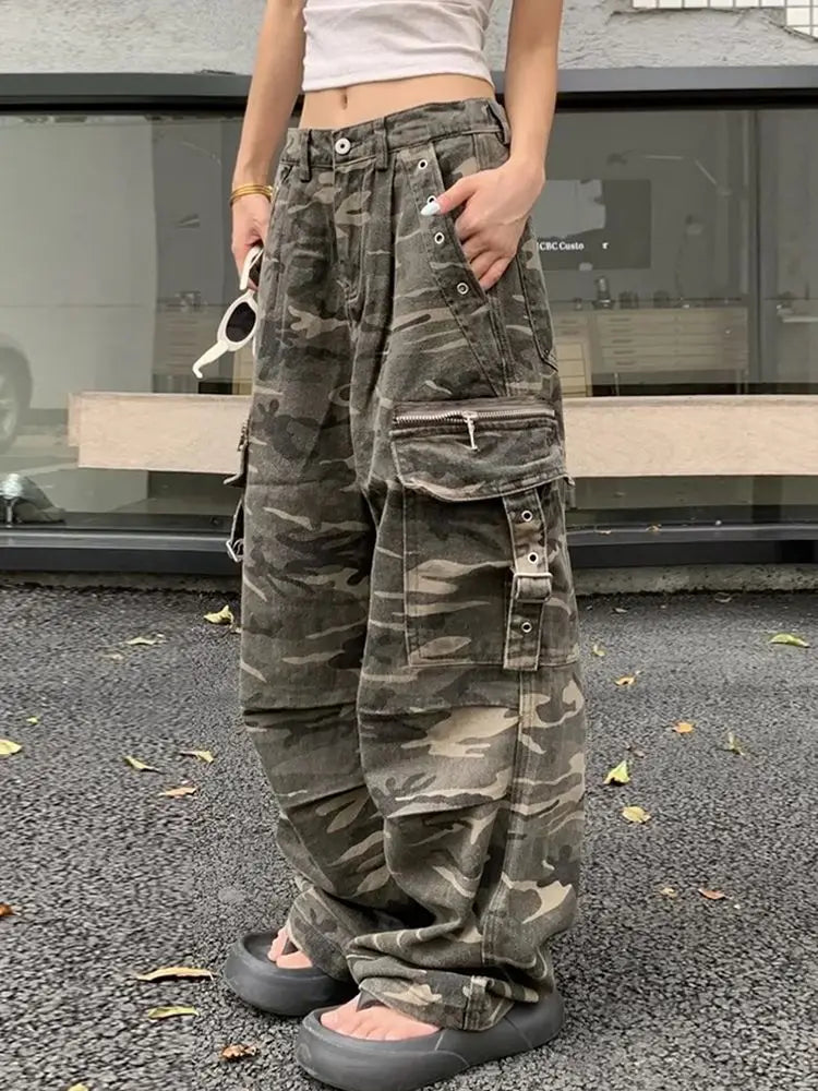 Distressed Camouflage Overalls Straight Jeans Baggy Jeans Harajuku Y2k Hot Girl Trousers