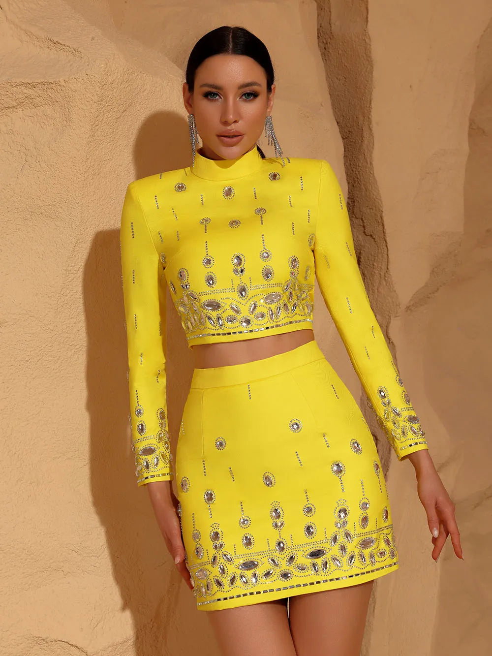 Long Sleeve Short Top and Mini Skirt Suit Outfit, Diamond Beaded Design,High Quality, 2 Pcs Set