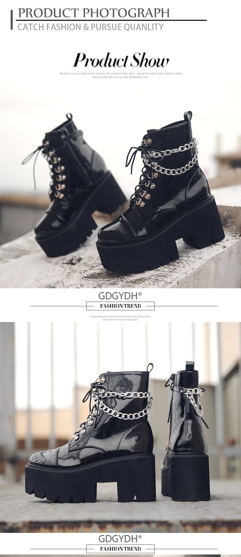 Gothic Black Boots for Women Chain Chunky Heel Platform Ankle Boots Zipper