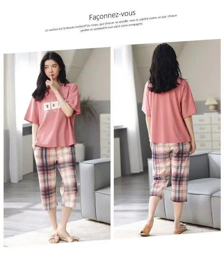 Half-Sleeve Seven-Quarter Trousers Student Nightwear Set Round Neck Cartoon Ladies Pajamas Loungewear