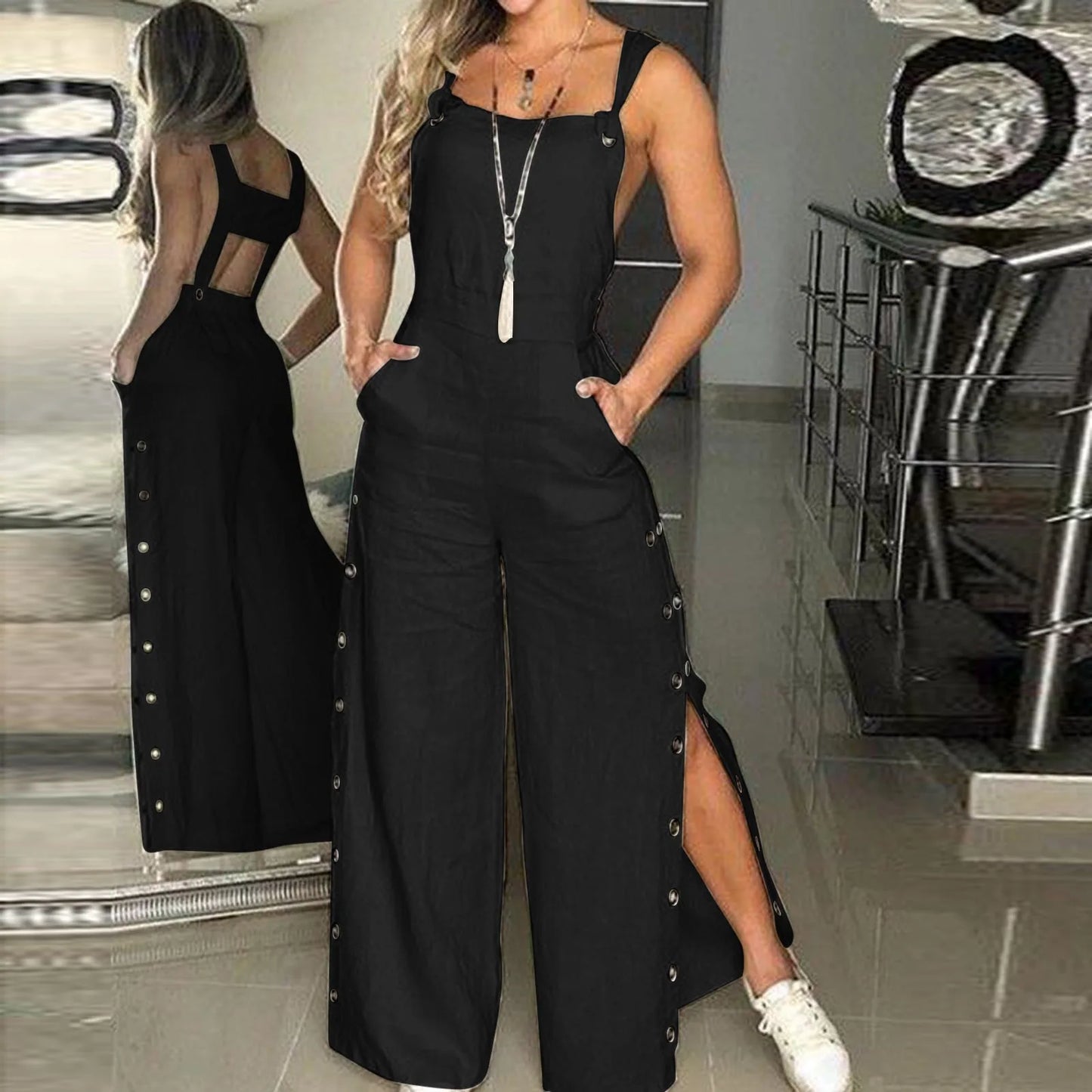 Women's Summer Sleeveless Cotton Linen Strappy Side Button Opening Overalls Loose Long Wide Leg Pants
