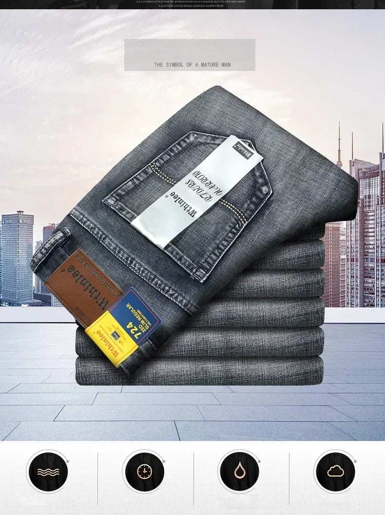 Men Classic Jeans Straight Regular Blue Stretch Denim Trousers Men's