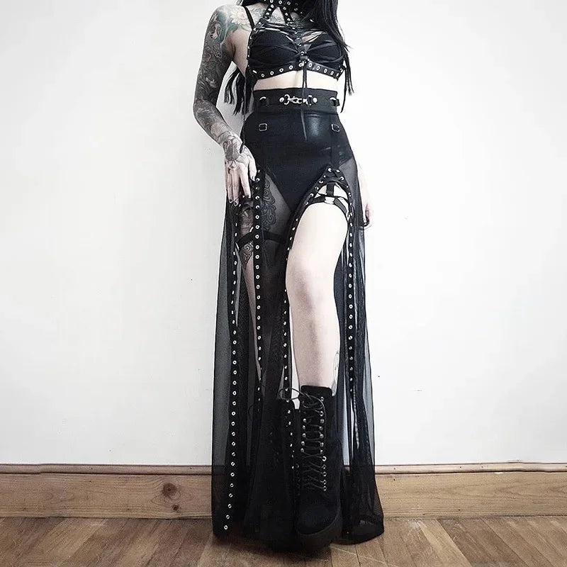 Hollow Out Skirt Y2K Goth Grunge Patchwork Eyelet Split Long Skirt 23101-22033 / XL 23101-22033 / M 23101-22033 / L 23101-22033 / XL-23101-22033 / M-23101-22033 / L-23101-22033 / S-