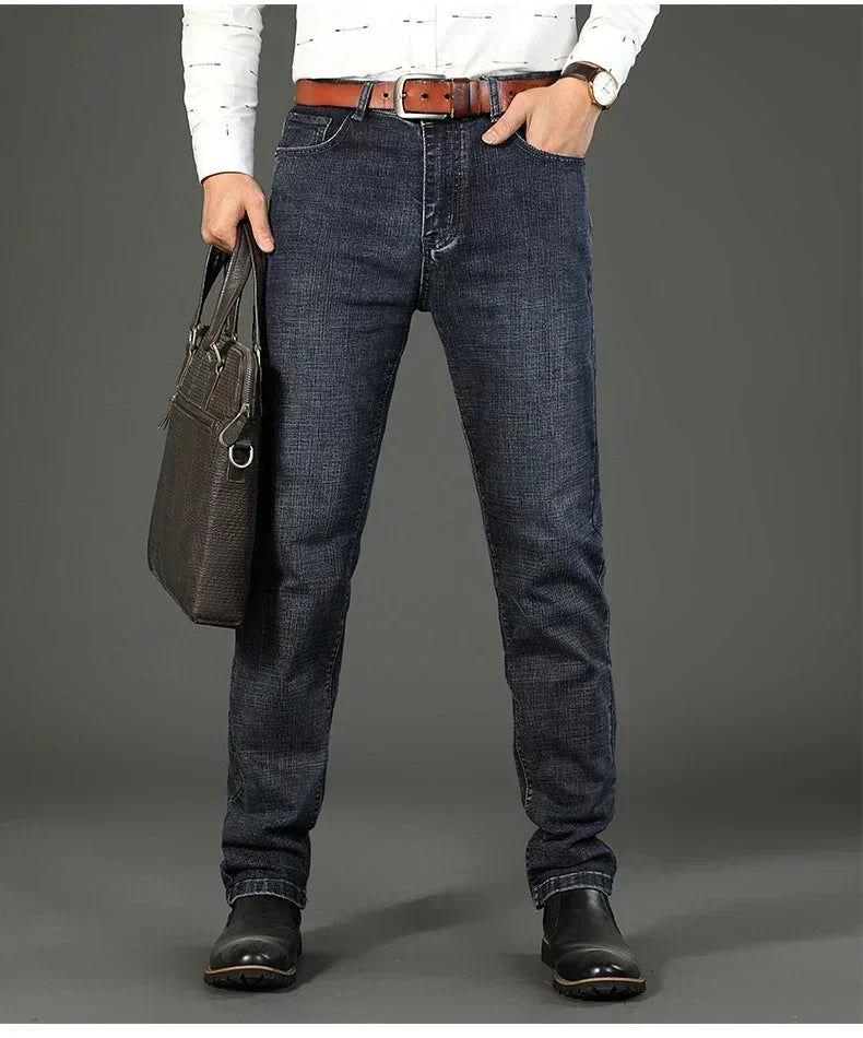 Men Classic Jeans Straight Regular Blue Stretch Denim Trousers Men's
