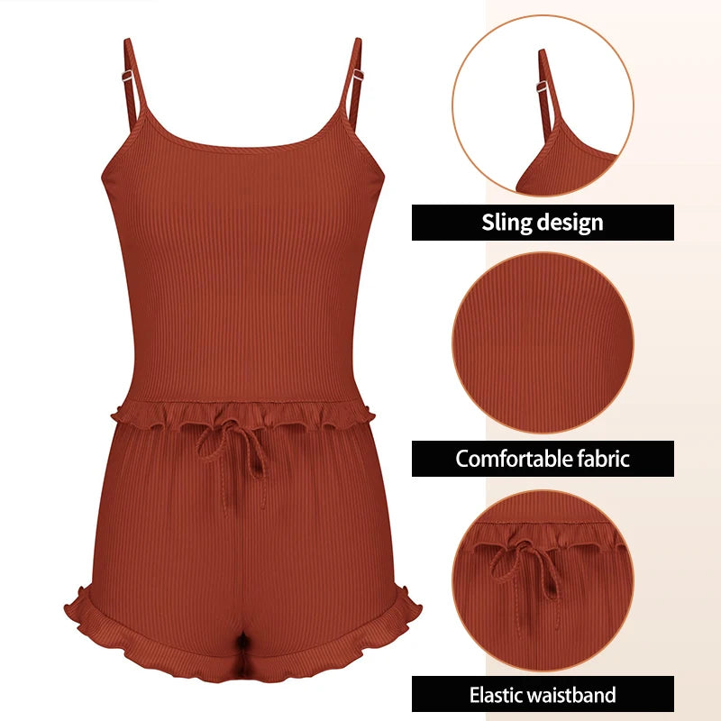Two-Piece Solid Color Sleepwear Suspender Ribbed Knitted Pleated Vest Shorts Casual Women's Sleepwear Set