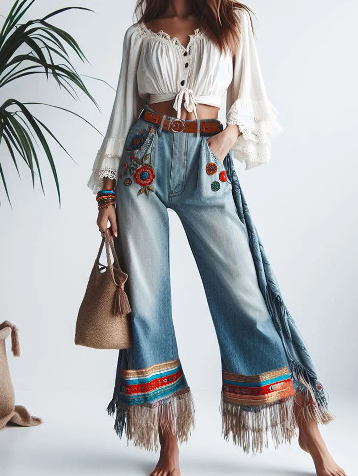 Women Tassel Jeans Pockets Floral Embroidery Patchwork Denim Straight Leg Jeans Ethnic Casual