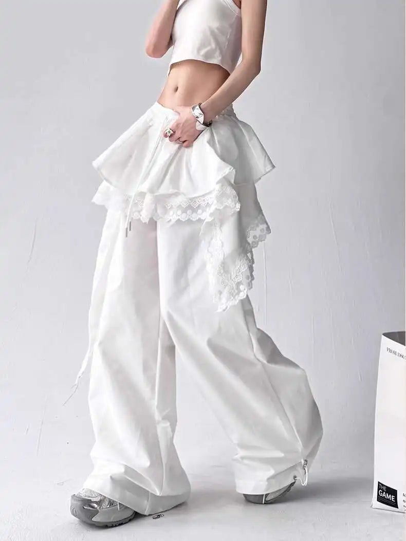 Y2K Black Cargo Pants Women Lace Patchwork White Wide Leg Pants