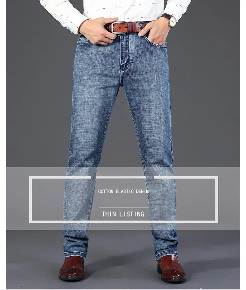 Men Classic Jeans Straight Regular Blue Stretch Denim Trousers Men's