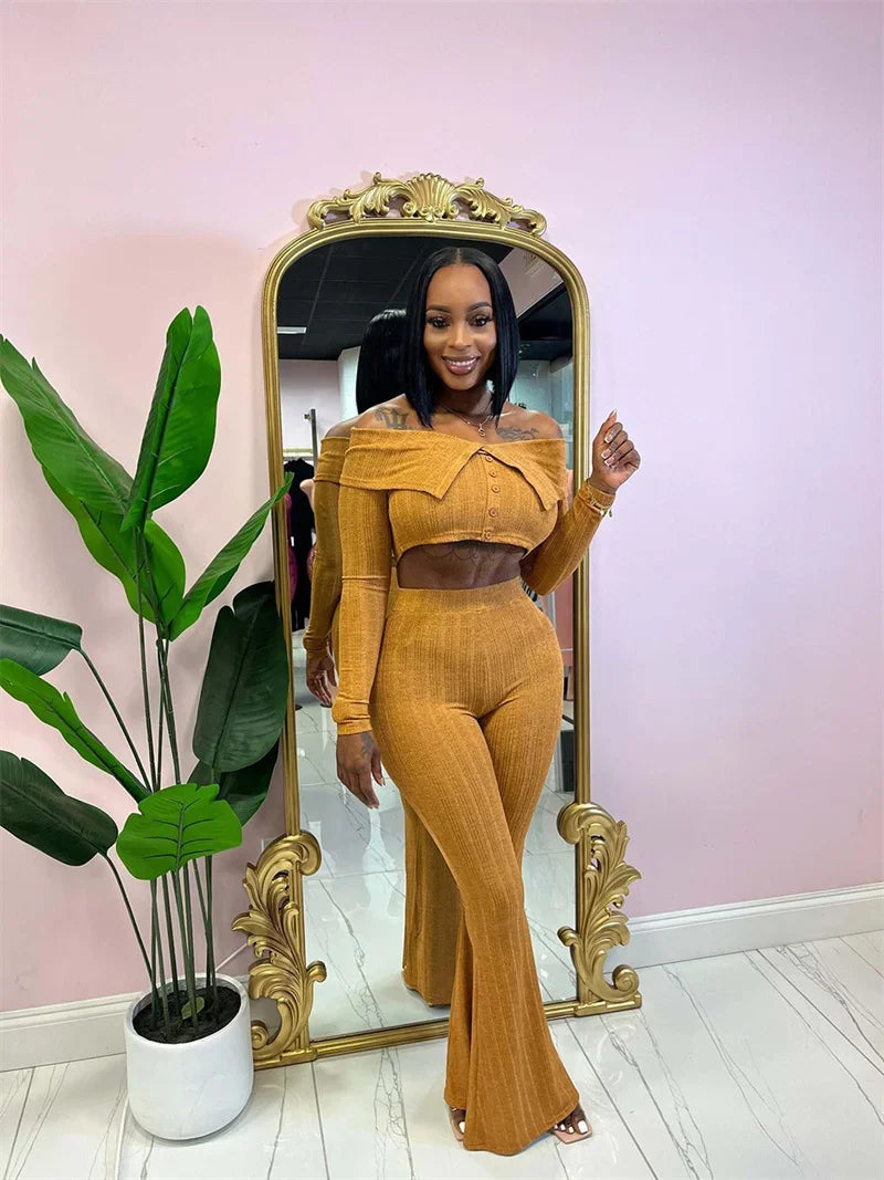 Knitted Two Piece Set Off Shoulder Slash Neck Crop Top and Flare Pants Set