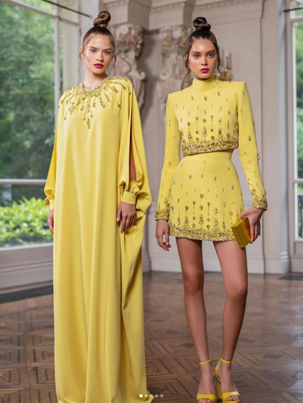 Long Sleeve Short Top and Mini Skirt Suit Outfit, Diamond Beaded Design,High Quality, 2 Pcs Set