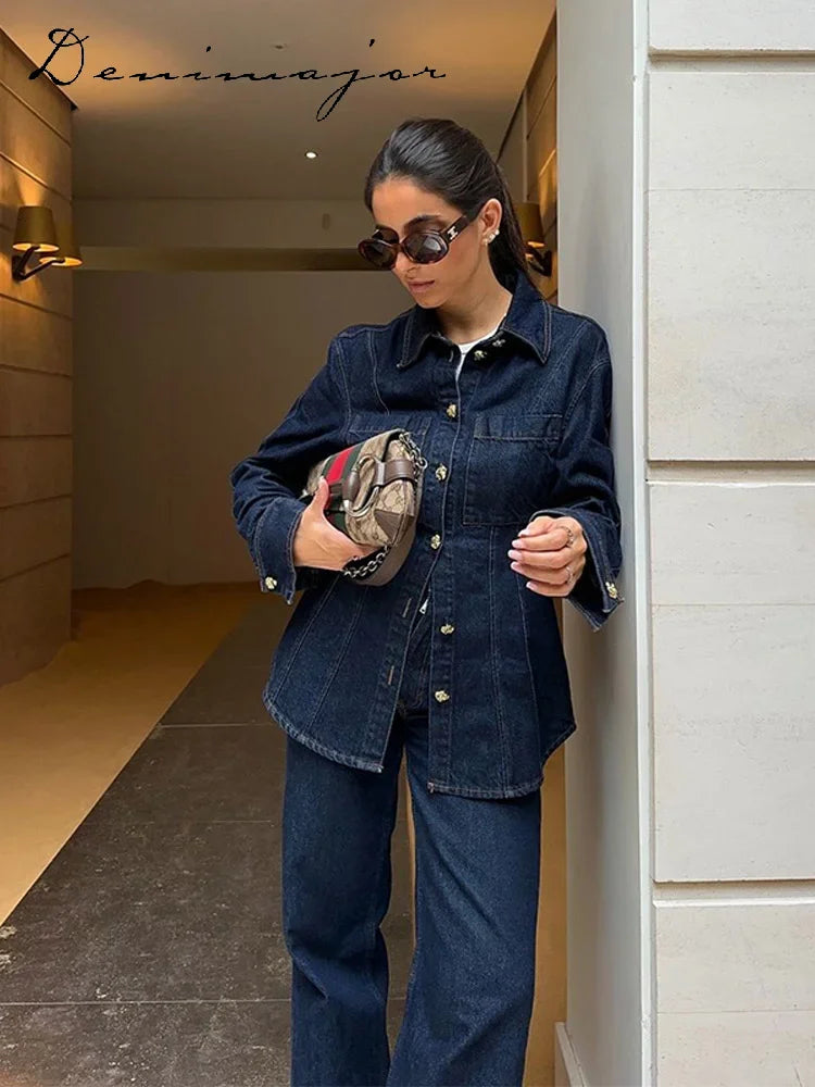 Street Denim Shirt Set Women Lapel Waist Up Long Sleeve Single Breasted Pocket Jacket Lady Jean Outfit set / M set / L pant / L set / M-set / L-pant / L-set / S-pant / S-pant / M-top / M-top / L-top / S-