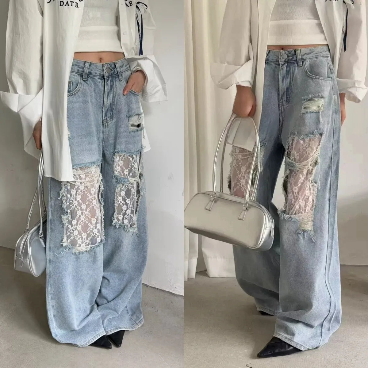 American Style Hottie Hole Lace Spliced Jeans for Women Y2k Fashion High Waist Loose Wide Leg Pants