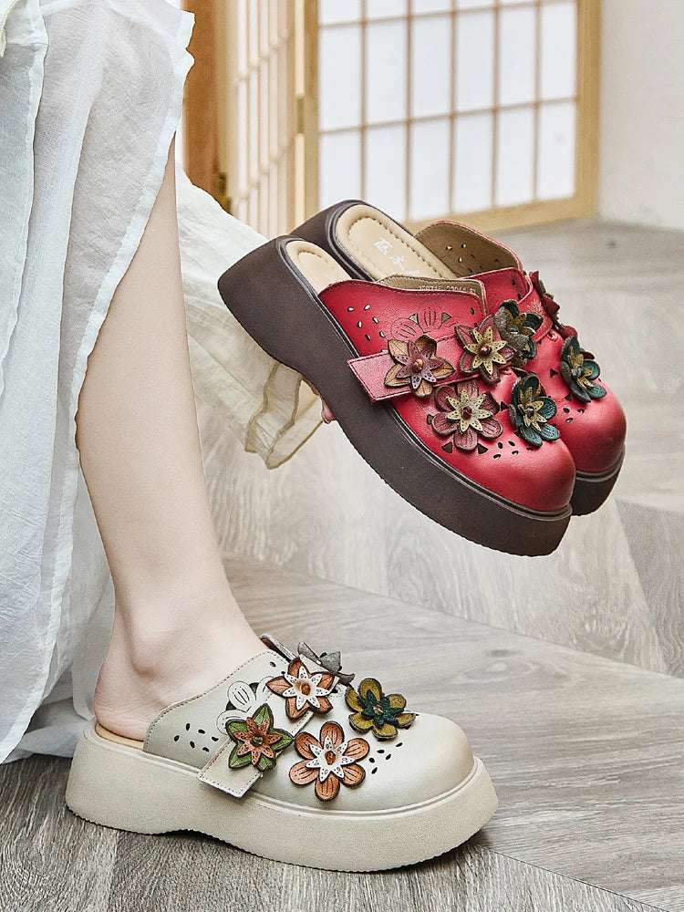 5cm Cow Genuine Leather Flats Comfy Shoes Platform Wedge Appliques Flower Hook Hollow Elthnic Women Slipper Mary Jane Rubber beige / 35 red / 40 red / 39 beige / 35-red / 40-red / 39-red / 38-red / 37-red / 36-red / 35-beige / 40-beige / 39-beige / 38-beige / 37-beige / 36-