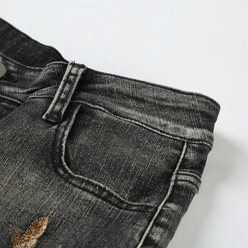 Beaded Embroidered Micro Slim Flare Jeans Street Y2k