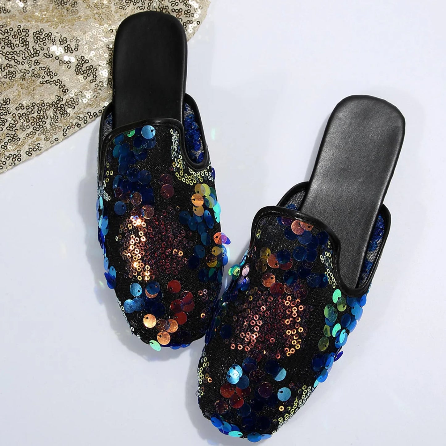 Women Casual Sequin Decoration Slipper Square Toe Flat Bottom Comfortable Sandals Slides Black / 40 / United States Black / 42 / United States