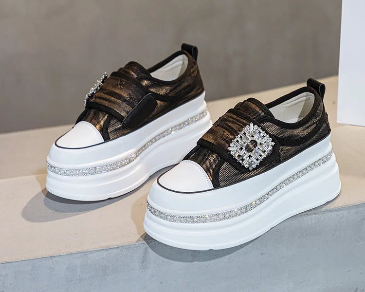 Denim Platform Wedge Genuine Leather Casual Comfy High Brand Chunky Sneakers Hidden Heels Shoes