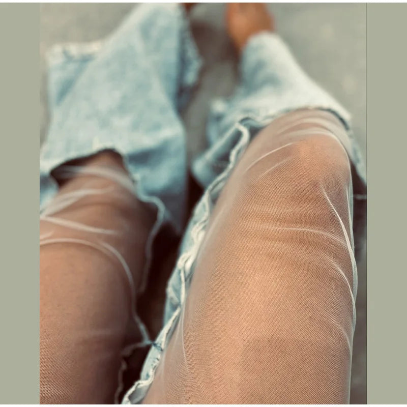 Blue Denim With Sheer Mesh Knee Panels Hip Hop Style Distressed High Waist Streetwear