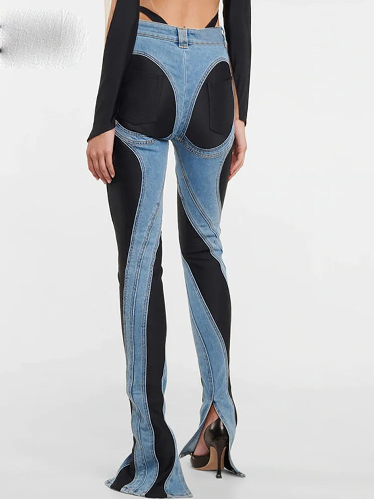 Color Block Women's Jeans Slim Panelled Patchwork High Waist Split Blue Long Denim Pants