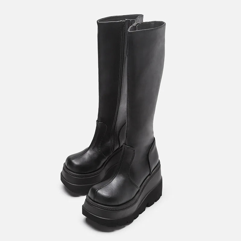 Wedge-heeled Mid-tube Boots Ladies Gothic Style Thick-soled Motorcycle Boots