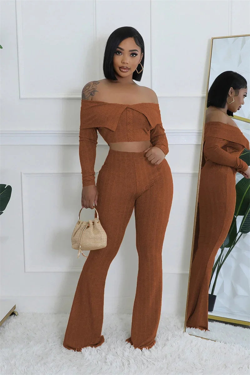 Knitted Two Piece Set Off Shoulder Slash Neck Crop Top and Flare Pants Set