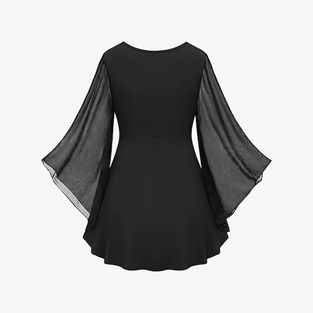 Plus Size Mesh Women Blouse Square Collar Long Sleeves Lace-up Tierred Elegant