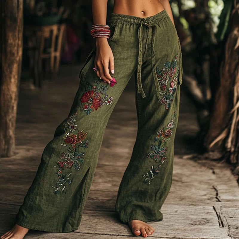 Floral Print Women Pants Lace-up Loose Casual Wide Leg Pant