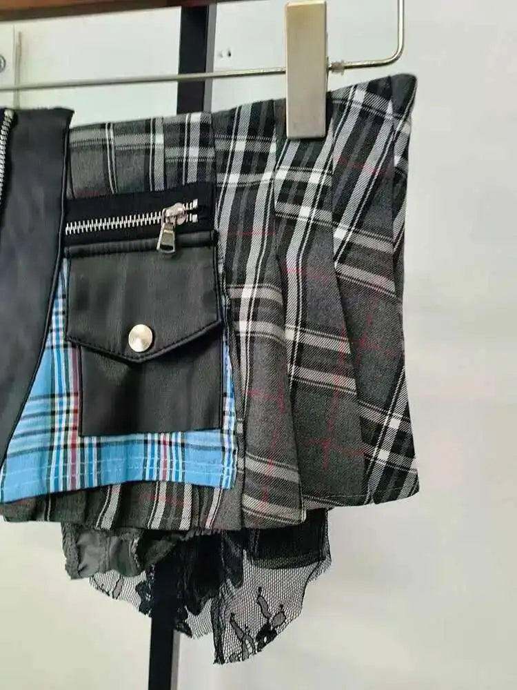 Women's Patchwork Plaid Design Pleated Mini Skirt High Waist A-line Skirt