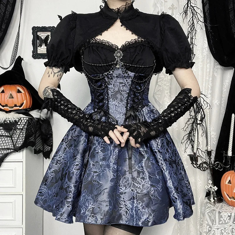 Vintage Gothic Smock Women Elegant Cute Lace Patchwork Puff Sleeve Crop Tops Aesthetic Fairy