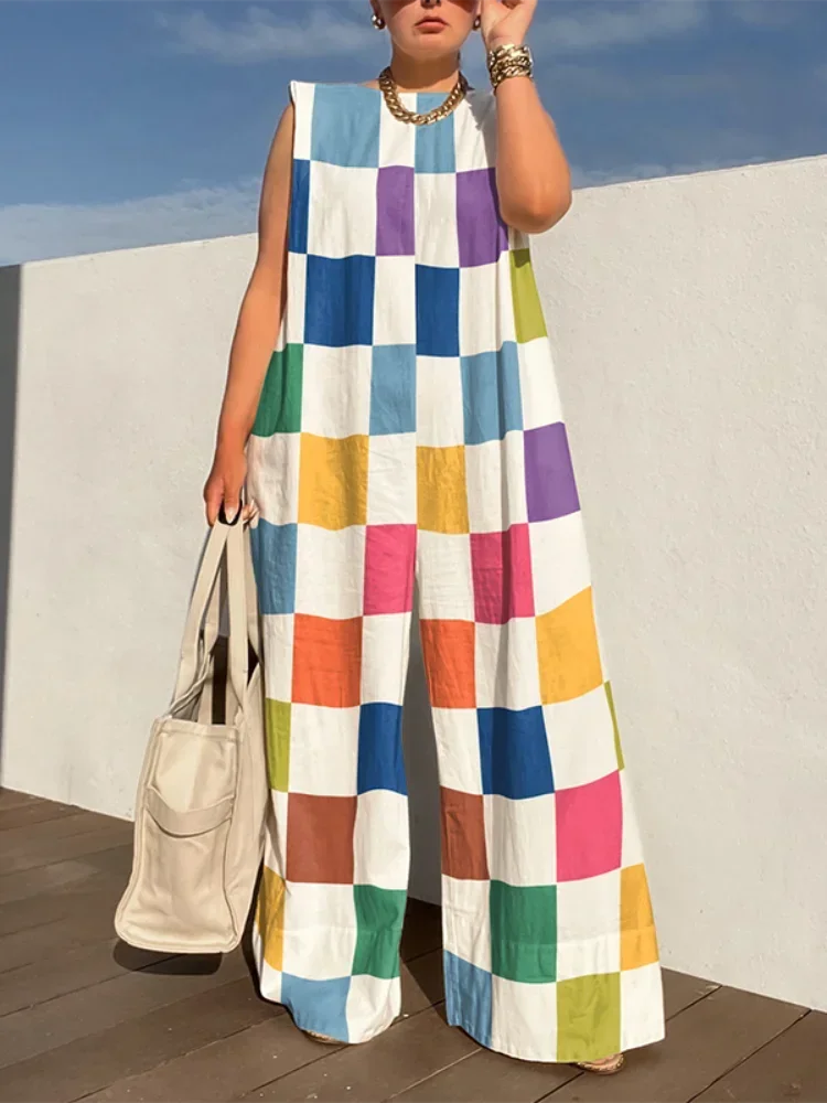 Multicolour Plaid Wide Leg Jumpsuit Sleeveless Oversize Loose Casual