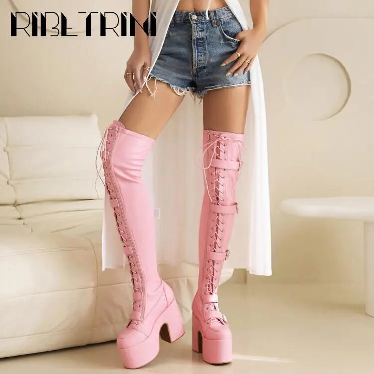 Goth Women Motorcycle Boots Block High Heels Platform Cool Street Boots