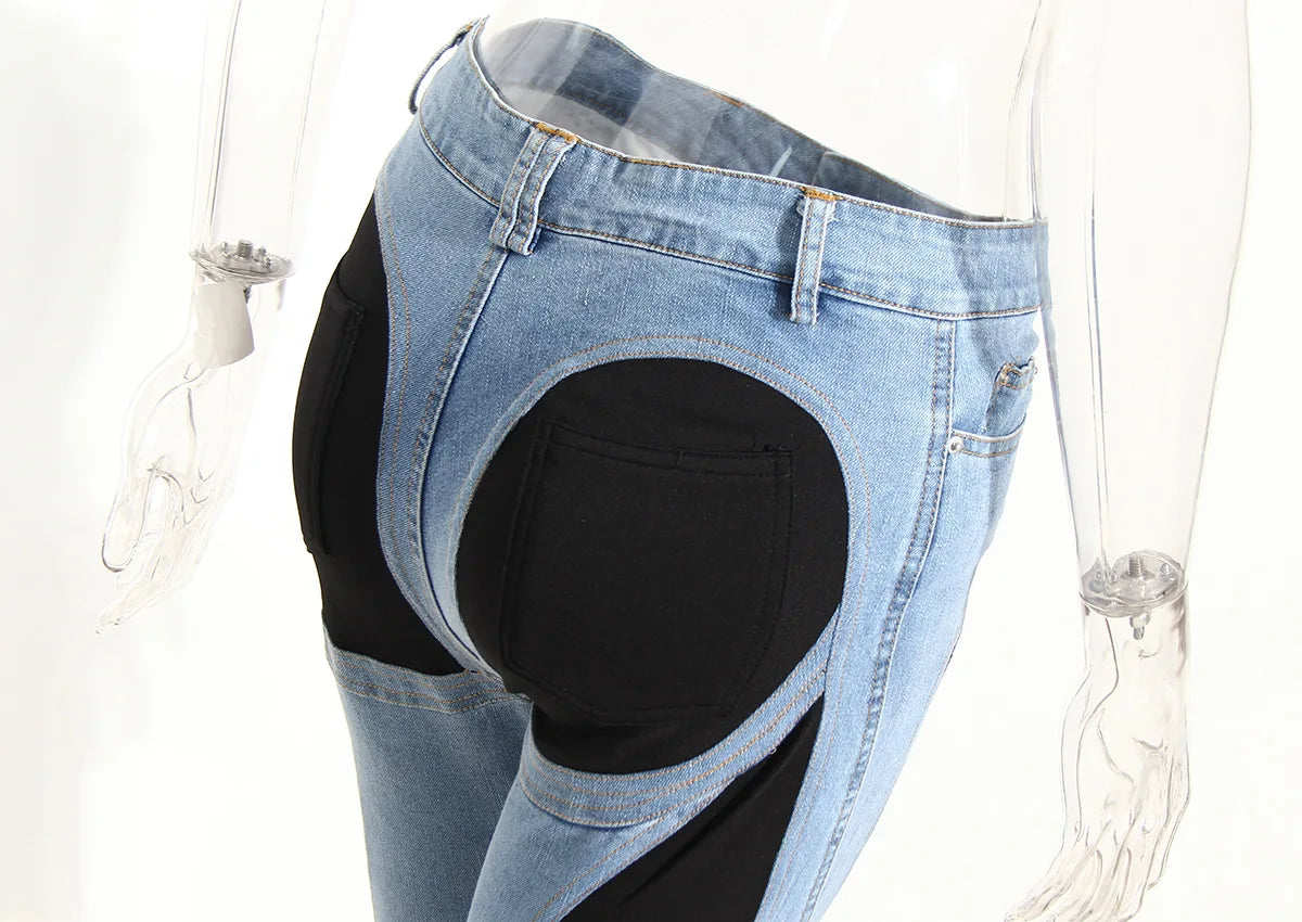 Color Block Women's Jeans Slim Panelled Patchwork High Waist Split Blue Long Denim Pants