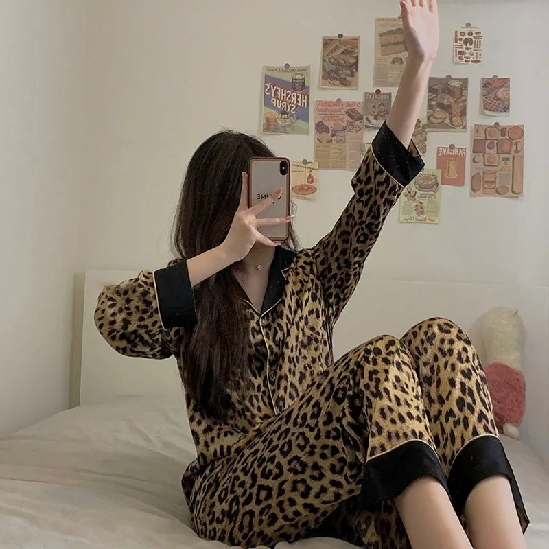 Pajamas Set Women's Fashion Leopard Print Long-Sleeved Sleepwear Loungewear