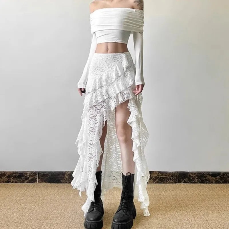 Gothic Skirt Women's Lace High waist Casual Aesthetic Long Skrit Hip hop