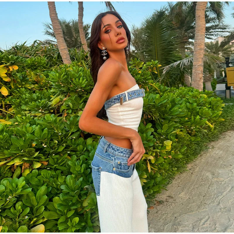 Designer White Knit Denim Suits Set Women's Patchwork Elegant Sleeveless Tops Matching Wide Leg Baggy Pants