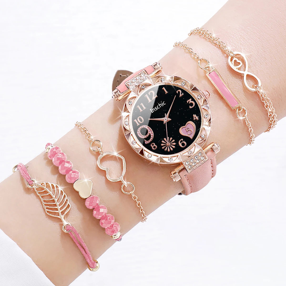 6PCS/Set Fashion Heart Dial Women's Watch Casual Leather Band Analog Quartz Watch Leaf Bracelets Set(Without Box) 6PCS Set Without Box
