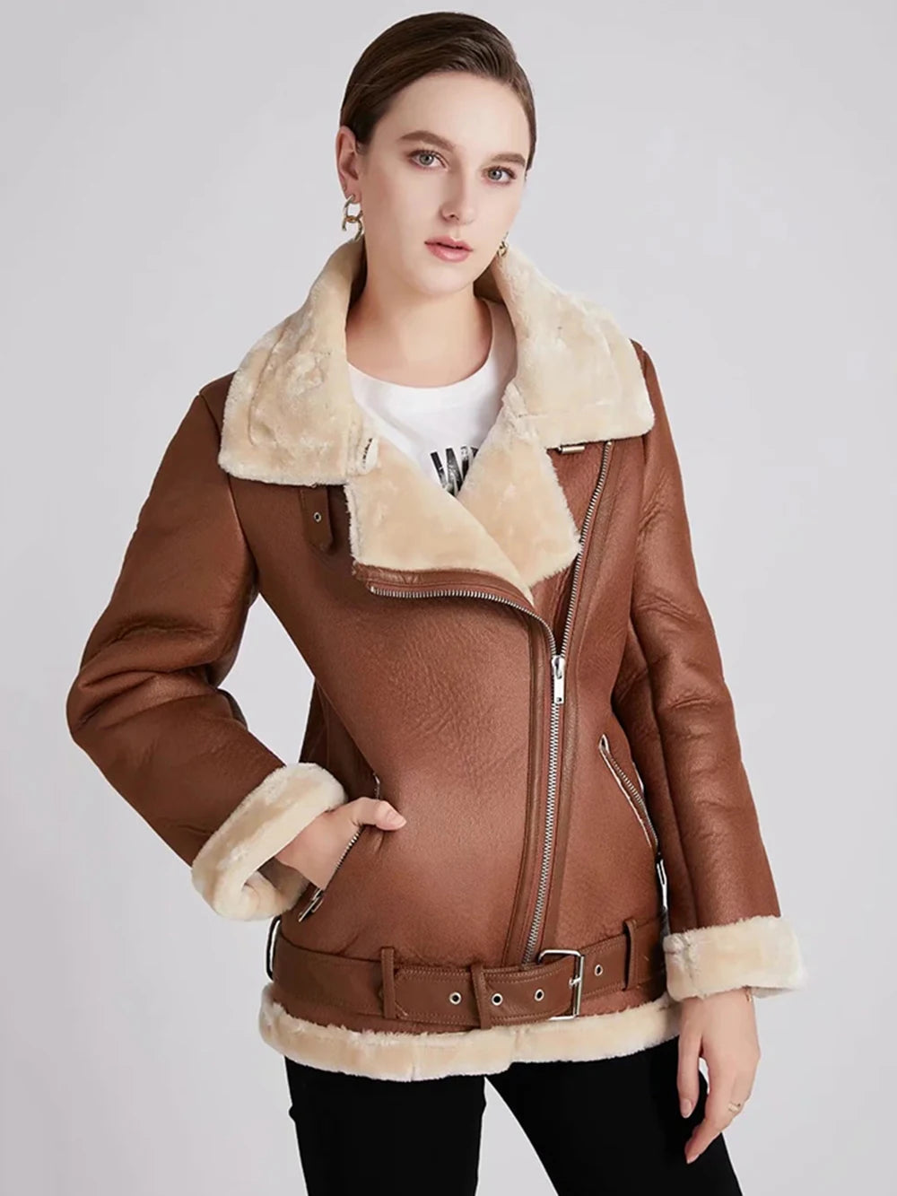 Thick and warm faux leather jacket Coat women's beige long-sleeved belt jacket women 2025 winter fashion new streetwear Tops