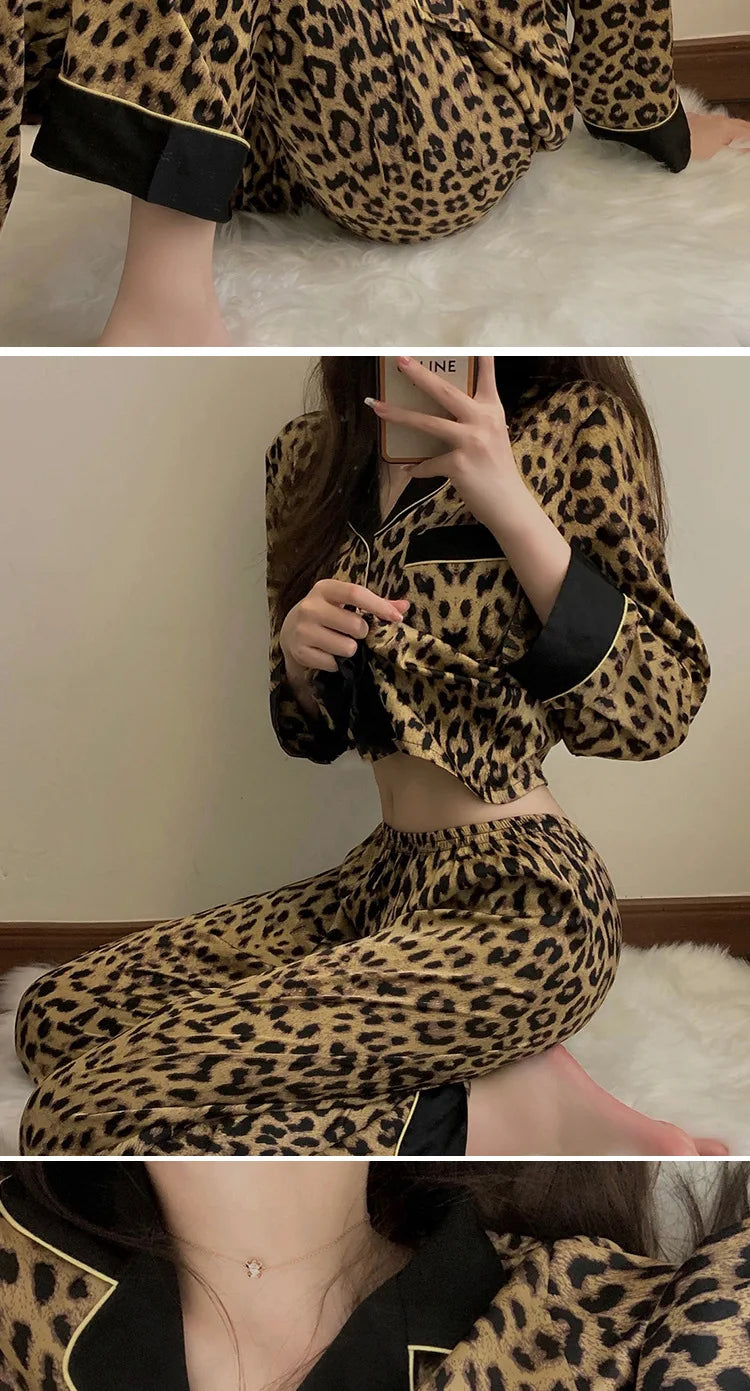 Pajamas Set Women's Fashion Leopard Print Long-Sleeved Sleepwear Loungewear