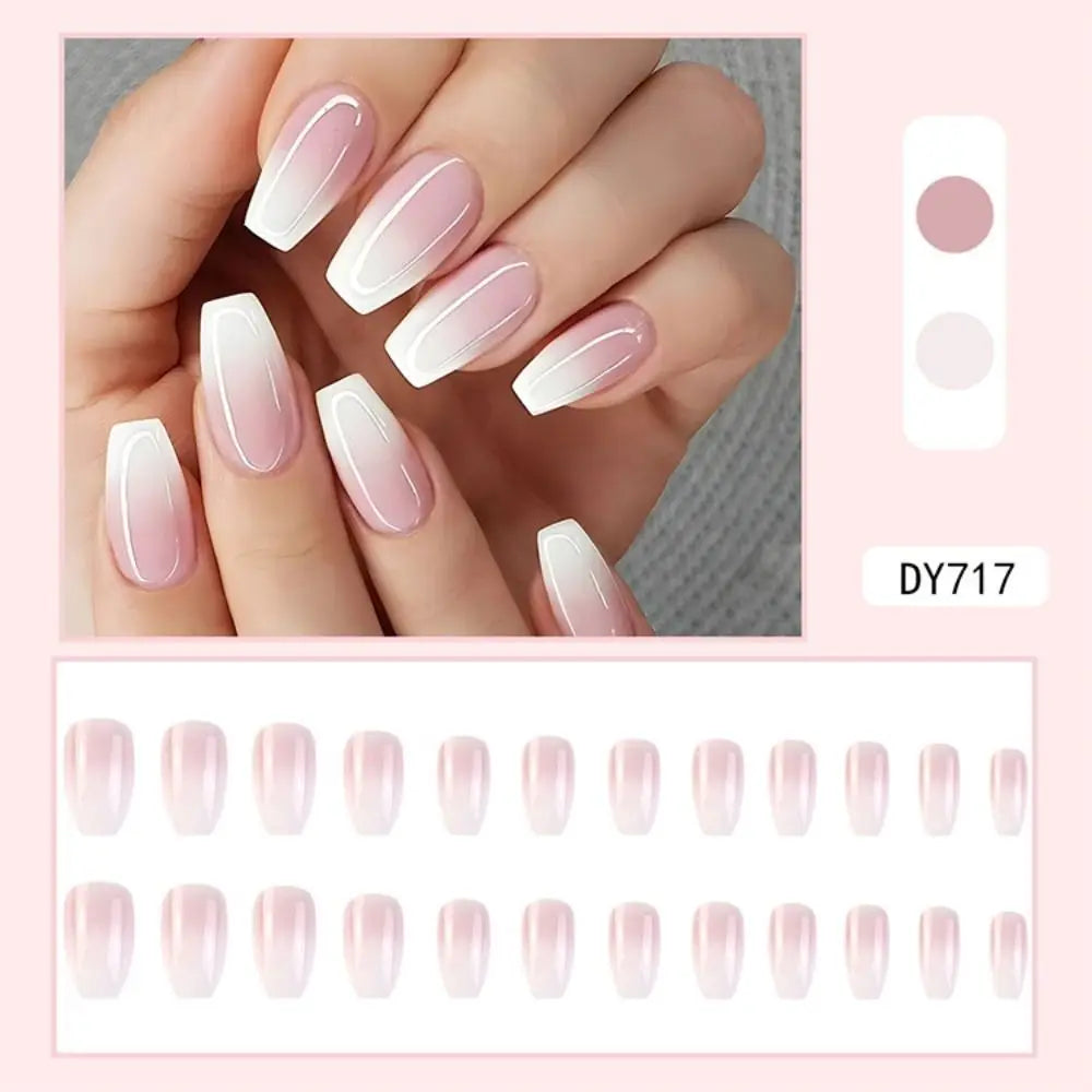 24pcs Gradient Fake Nails French Ballerina Nail Medium Coffin Press on Nails Tips AA6 AA5