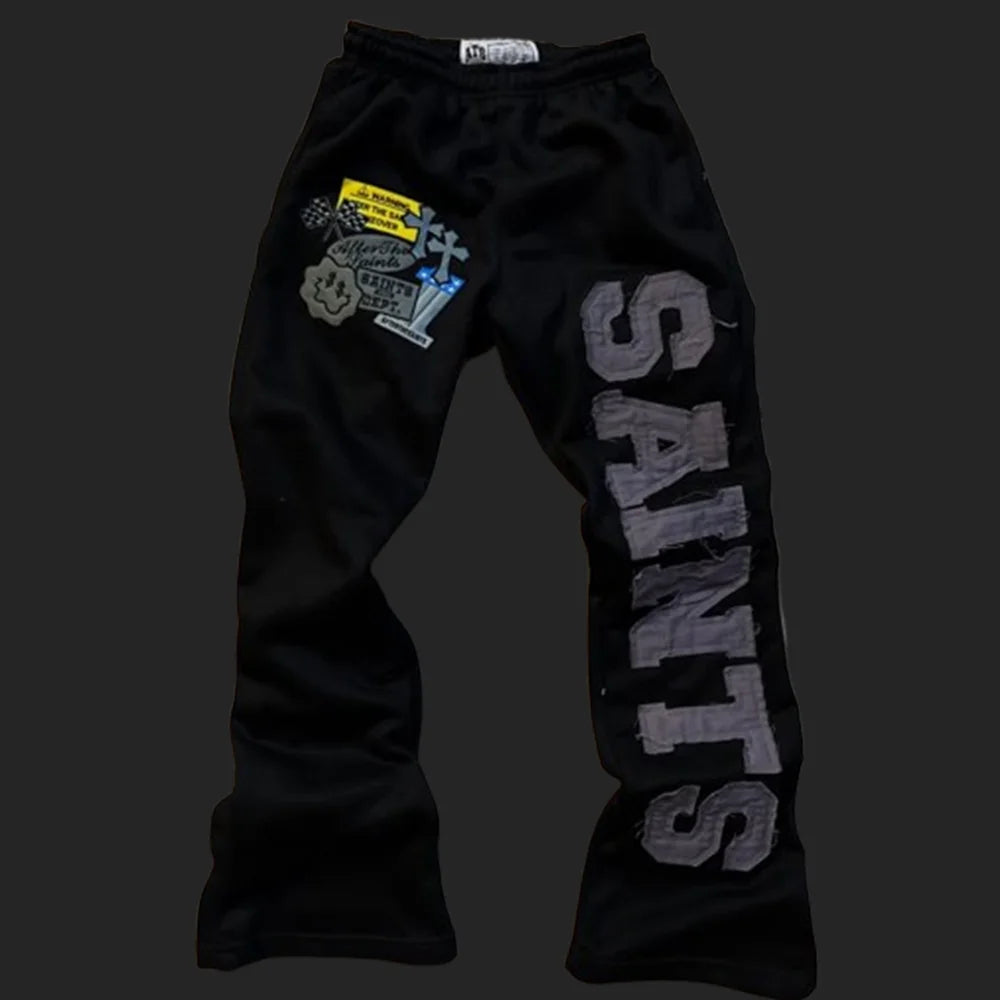 Retro Patchwork Sweatpants Y2K Pants Men Women Hip Hop Letters Cross Patchwork Embroidery Baggy Sweatpants