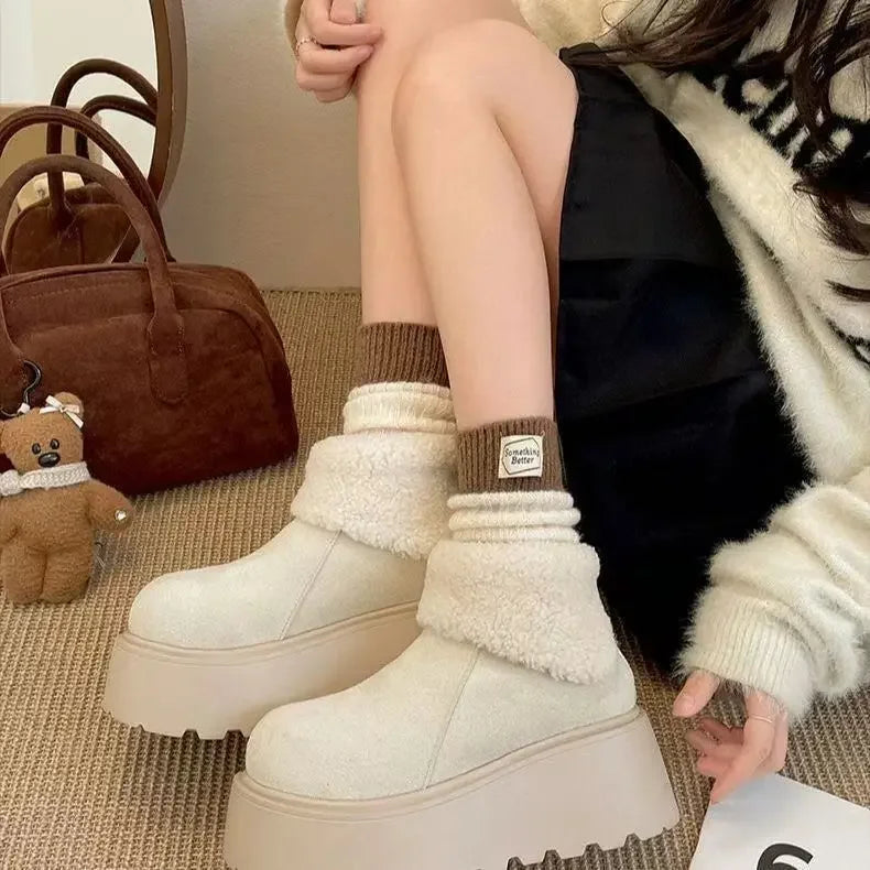 Thick Bottom Warm Anti-Slip Cotton Snow Boots Women's Winter Fleece Lined Booties Non-Slip Rubber Sole Ankle Boots