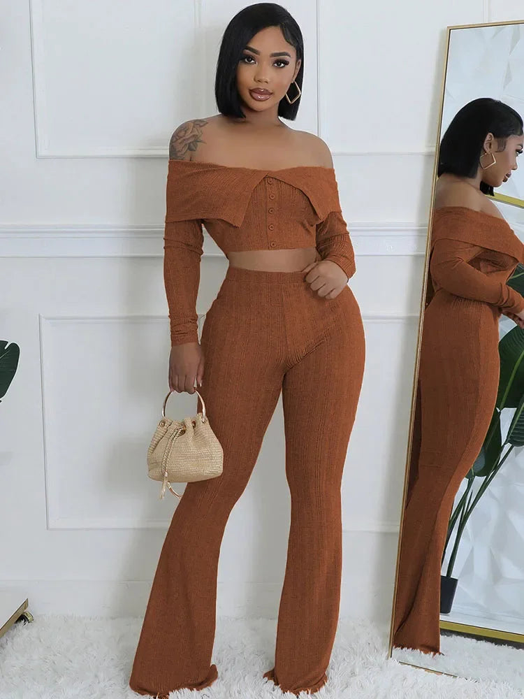 Knitted Two Piece Set Off Shoulder Slash Neck Crop Top and Flare Pants Set